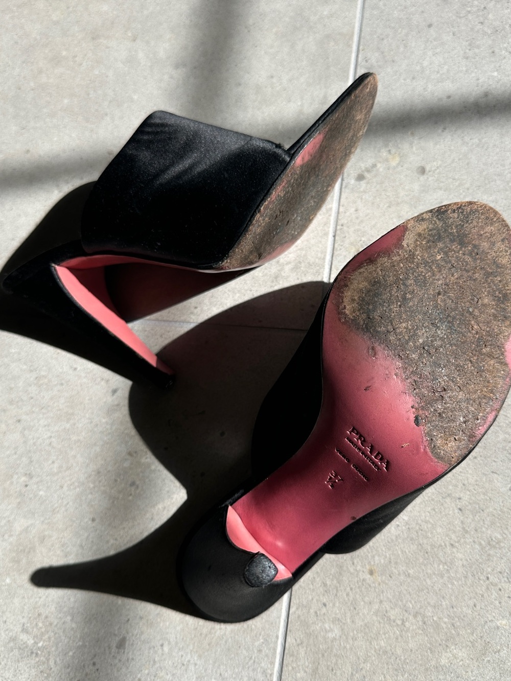 Prada Black Satin Open-Toe Mules with Pink Insole sz 37 - Picture 2 of 5